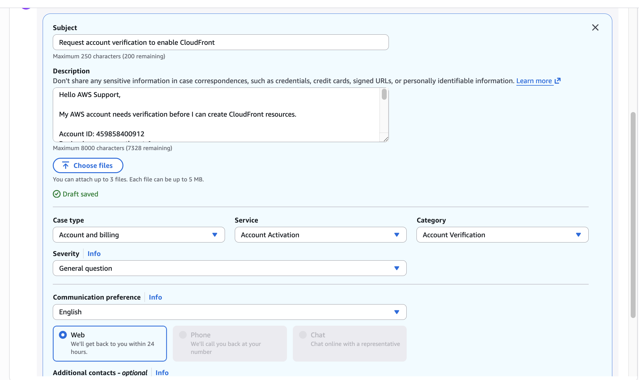 AWS Support Center case created for CloudFront account verification issue