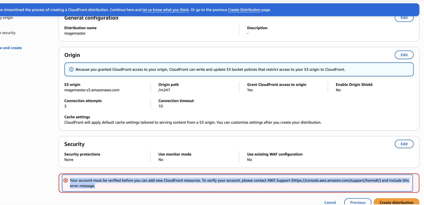 AWS CloudFront create distribution screen showing account verification error